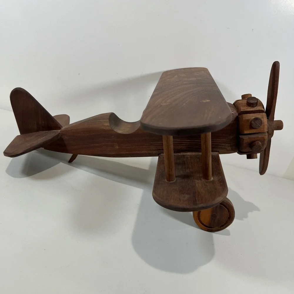 Vtg Wood Biplane Model Airplane Handcrafted Wood Decor Aviator MCM Collectible